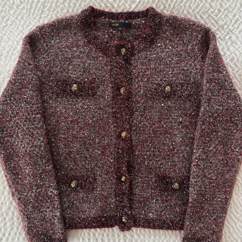 Maje Women's Textured Tweed Blazer - Burgundy and Black